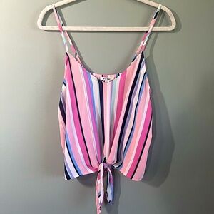Ladies NWT Tie Front Y2K Striped Strappy Top Summer V-Neck Tank Bright Shirt PM